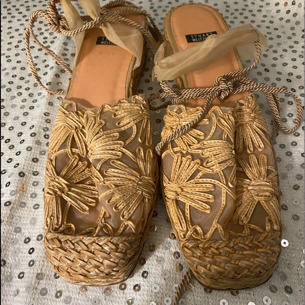 Stuart Weitzman Tan Floral Espadrilles